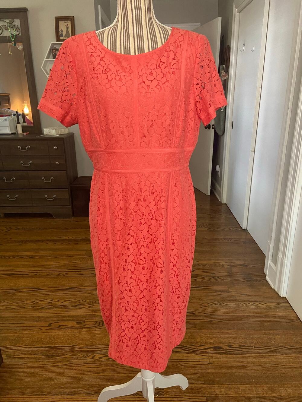 Calvin Klein coral lace overlay short sleeve knee length dress with back zipper
